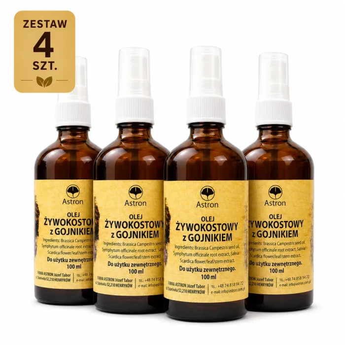 Olej żywokostowy z gojnikiem Astron zestaw 4 sztuki po 100 ml do użytku zewnętrznego